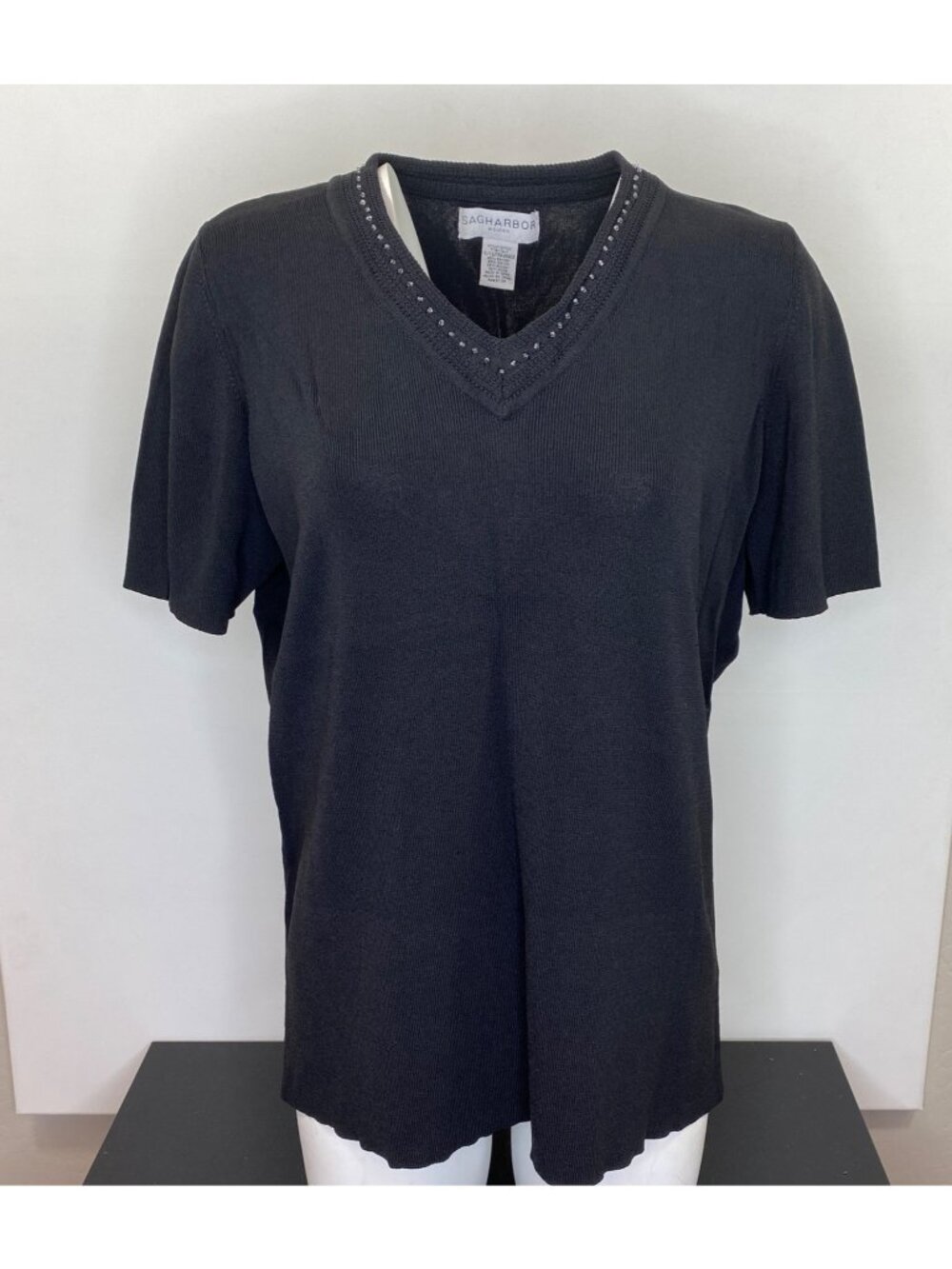 Sag Harbor Black V-Neck Short Sleeve Top Embellished Neckline Size 1X